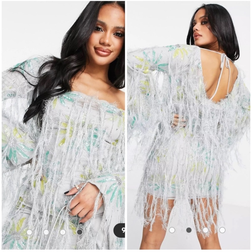 NWT ASOS Design Long Sleeve Allover Floral Sequin Fringe Dress Blue Sz 8
